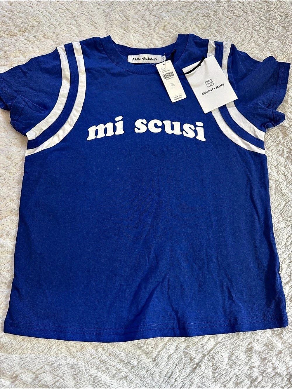 Araminta James Mi Scusi Baby Tee Blue & White XS NWT